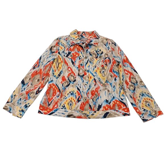 Chico's Ikat Print Cotton Jacket, White Multi, M - Picture 8 of 8